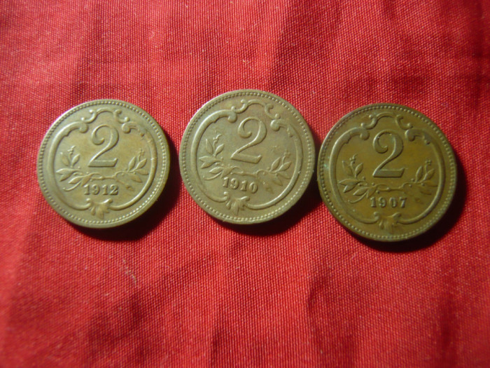 3 Monede 2 halleri Austria 1907, &#039;10, &#039;12 , bronz , cal. F.Buna