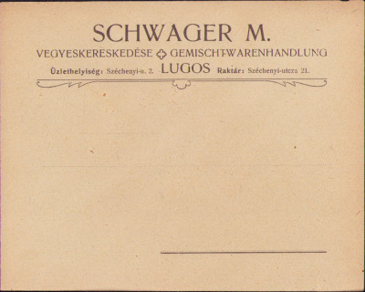 HST A983 Plic antet magazin universal Schwager M Lugoj ante 1918 austro-ungar foto