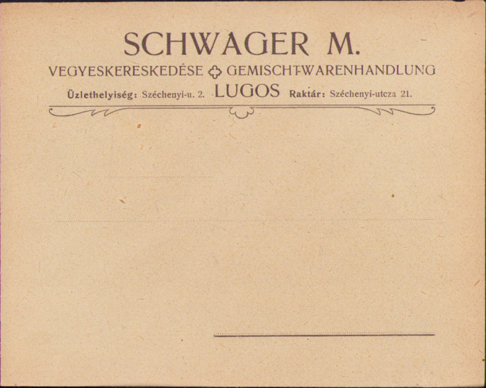 HST A983 Plic antet magazin universal Schwager M Lugoj ante 1918 austro-ungar