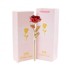 Trandafir artificial, suflat cu aur 24K, cutie eleganta, punga de cadou inclusa, rosu