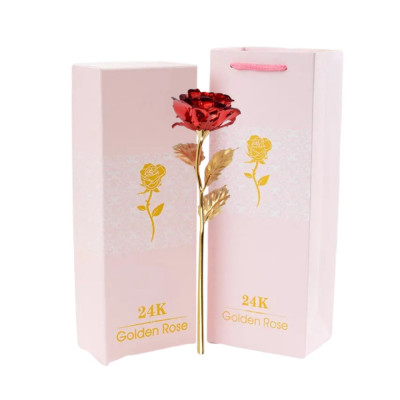 Trandafir artificial, suflat cu aur 24K, cutie eleganta, punga de cadou inclusa, rosu foto