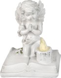 Ingeras decorativ funerar cu LED pe carte, polyresin, 11,5x7,5x13,5 cm
