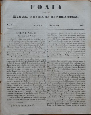 Ziarul Foaia pentru minte , inima si literatura , nr. 51 , 1853 , Alexandrescu foto