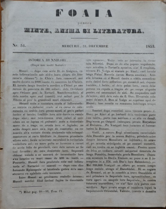 Ziarul Foaia pentru minte , inima si literatura , nr. 51 , 1853 , Alexandrescu