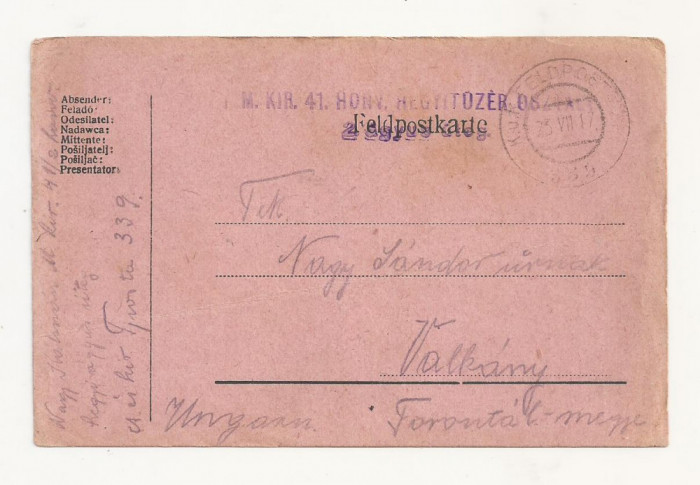 D4 Carte Postala Militara k.u.k. Imperiul Austro-Ungar ,1917 Torontal Valkany