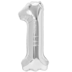 Balon din folie metalizata, flippy, figurina cifra, tema aniversare 40 cm, ambalaj individual, pai inclus, umflare cu aer sau heliu, argintiu, cifra 1