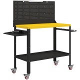 HOMCOM Banc de lucru cu panou perforat Masă de lucru cu prize Lumină LED Roți Cadru metalic Negru și Galben | Aosom Romania