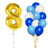Set 13 Baloane Aniversare 8 Ani Baiat Albastru Auriu - Cifra 8 Folie 81cm + Latex 30cm - Decor Petrecere Copii Ropet