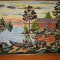 Tablou cusut Goblen vechi inramat lucrat manual peisaj casa lac barca rama lemn fara sticla 54.5x41.5