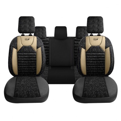 Set Huse Scaune Auto Panda Kas, material textil cu piele ecologica, cu fermoare pentru bancheta rabatabila, negru cu bej, 11 piese Automobile ProTrave foto
