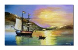 Cumpara ieftin Tablou pictat manual apus de soare cu velier, 100x60cm ulei pe panza Constantin Feraru