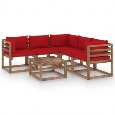 vidaXL Set mobilier de grădină cu perne roșii, 6 piese lemn pin tratat