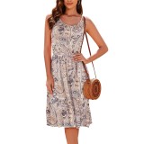 Fustă de vară fără m&acirc;neci pentru femei, model A, p&acirc;nă la genunchi, respirabilă &ndash; floral