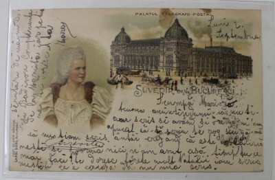 M.S. REGINA ELISABETA A ROMANIEI si PALATUL TELEGRAFO - POSTAL, CARTE POSTALA , CROMOLITOGRAFIE , ADRESATA MARIOAREI RADIVON , CLASICA foto
