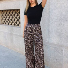 Pantaloni cu imprimeu leopard si talie inalta, maro, dama, Shein