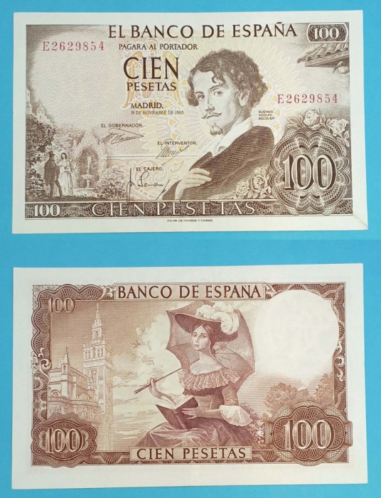 Spania 100 Pesetas 1965 &#039;Doamnă Romantică&#039; aUNC+ serie: E2629854 p#150