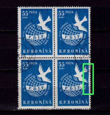 RO 1958 , LP 455 ,&amp;quot;Congresul femeilor&amp;quot;-bloc 4 stamp. EROARE L10/C5 - cadru det. foto