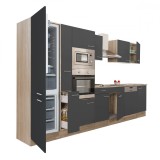 Mobilier de bucătărie Yorki 370, cu corp din stejar Sonoma, fațade antracit cu finisaj satinat, cu frigider cu congelator &icirc;n partea de jos, fără blat