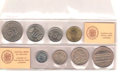 SV * ISLANDA * SET MONETARIE 1 KRONA si 5 - 10 - 50 KRONUN 1976 * UNC foto