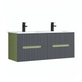 Dulap baie Leziter Trent 120, Verde Fistic-Gri Antracit, 120x45x48cm, MDF, Montaj Perete, 4 Sertare Soft-Close, Chiuveta Ceramica