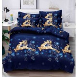 Lenjerie pat de Craciun cu elastic,pat dublu,bumbac finet,6 piese,albastra cu reni aurii-A926