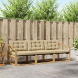 vidaXL Set 3 piese canapele exterior gradina, lemn acacia, pernă alb bej