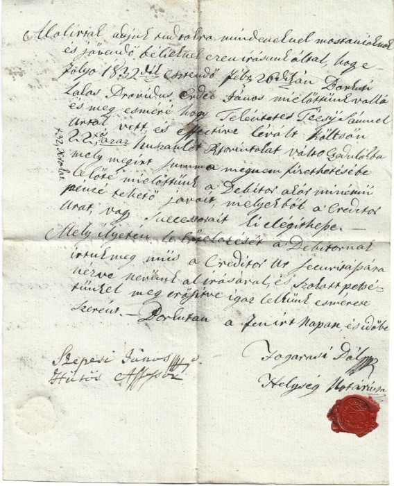 A3048N Contract de &icirc;mprumut pentru suma de 22 florini renani cu sigiliu &icirc;n ceară roșie, 1832, Borcut, Maramureș, limba maghiară