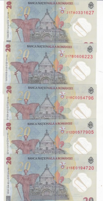 20 LEI 2021 POLIMER ECATERINA TEODOROIU ,SERIA &quot;A B, C, D, E &quot; 5 BANCNOTE.