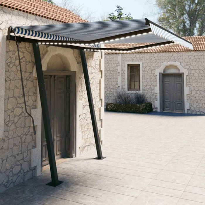 vidaXL Copertină retractabilă manual cu LED, albastru &amp; alb 3,5x2,5 m