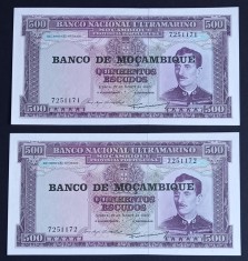 Mozambic, 2 x 500 Escudos 1967,UNC, Consecutive. foto