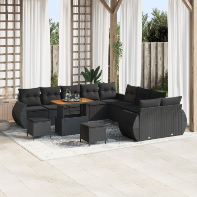 Set de canapele pentru gradina Gossi de 13 piese cu perne negre din poliratan si acacia, set de dining pentru gradina Gossi de 3 piese cu perne negre foto