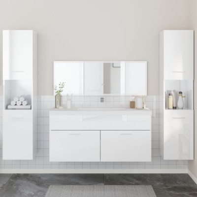 Set mobilier de baie, 4 piese, alb extralucios, lemn prelucrat foto