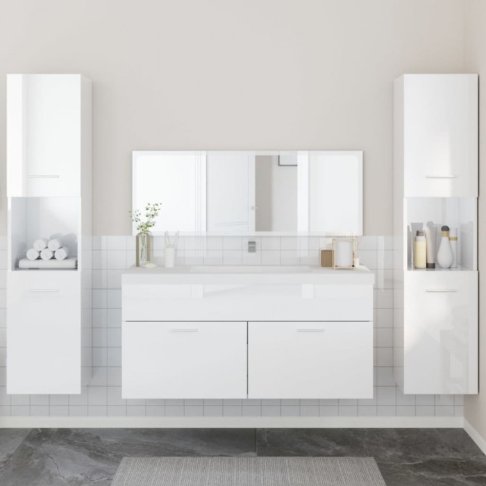 Set mobilier de baie, 4 piese, alb extralucios, lemn prelucrat