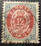 Danemarca &ndash; 12 &Oslash;re roșu/albastru, &bdquo;Postfrim&aelig;rke&rdquo;, timbru clasic obliterat