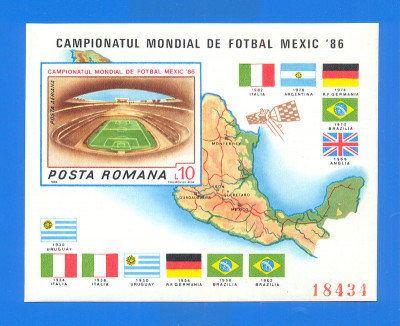 ROMANIA 1986 LP 1158. Turneul Final C.M. Fotbal Mexic 1986. Colita nedantelata foto