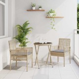 VidaXL Set bistro de grădină, 3 piese, cu perne, bej, poliratan