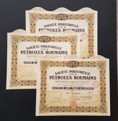 Lot 3 actiuni petrol Romania 1926 SIPER , serie consecutivă / actiune / titlu foto