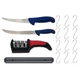 Cumpara ieftin Set de macelarie DEPOX&reg;, filetat, cutitul bucatarului, ascutitoare, suport magnetic si 12 carlige macelarie, otel inoxidabl