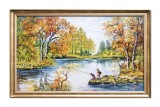 Tablou peisaj de toamna cu pescari pictat manual inramat, Calmitate, 110x70cm ulei pe panza rama din lemn, Stefan Bilibou