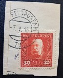 Imperiul Austro-Ungar (Feldpost WWI) 1915-Marcă Poștală Militară de Război (K.u.K. Feldpost) Franz Joseph I 30 Heller Roșu-Liliachiu pe Decupaj -TG1