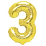 Balon din folie metalizata flippy, figurina cifra, tema aniversare 100 cm, ambalaj individual, pai inclus, umflare cu aer sau heliu, auriu, cifra 3