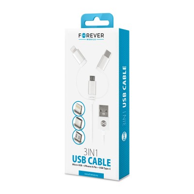 Cablu Date si Incarcare USB la Lightning - USB la MicroUSB - USB la USB Type-C Forever nylon, 1 m, Alb foto
