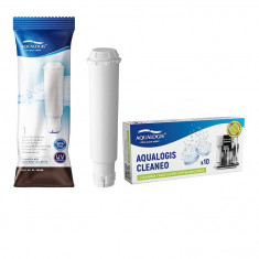 Kit intretinere pentru espressor, Aqualogis, AL-TES46, Filtru apa, 10 x Tablete curatare Cleaneo, Compatibilitate multipla