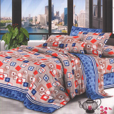 Lenjerie de pat pentru o persoana cu husa elastic pat si 2 fete perna dreptunghiulara, Paccia, bumbac mercerizat, multicolor