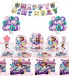 Cumpara ieftin Set 128 piese vesela petrecere Gabby&rsquo;s Dollhouse pentru 10 copii, decorarea completa a mesei + 36 baloane, Roz si Mov