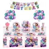 Set 128 piese vesela petrecere Gabby&rsquo;s Dollhouse pentru 10 copii, decorarea completa a mesei + 36 baloane, Roz si Mov