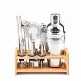 Set Cocktail, 13 accesorii din otel inoxidabil cu suport din Bambus