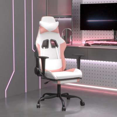vidaXL Scaun de gaming cu suport picioare, alb/roz, piele ecologică foto