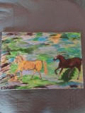TABLOU PE PANZA CU SASIU NOU 40X60 CM CAI PE CAMPIE ACRILIC PRET 100 LEI NEGOCIABIL