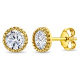 Cercei din aur 14k, cu margini cu bilute si piatra cubic Zirconia 6 mm, pentru Adolescente si Femei